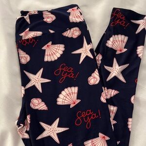 LuLaRoe Navy Leggings with Pink Shell & Red 'Sea Ya!' Print